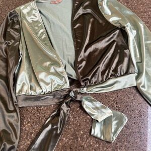 Satin Tie-Front Two Toned Crop Top Jacket Mint Green & Olive Green Size L.